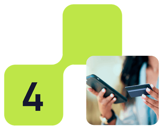 A woman holding a smartphone and a credit card, representing digital payments or online shopping. Step 4- secure payment.