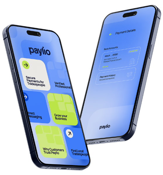 Two smartphones displaying Paylio app screens; one shows payment options and business growth messages, the other shows payment details and bank account linking with Paylio.