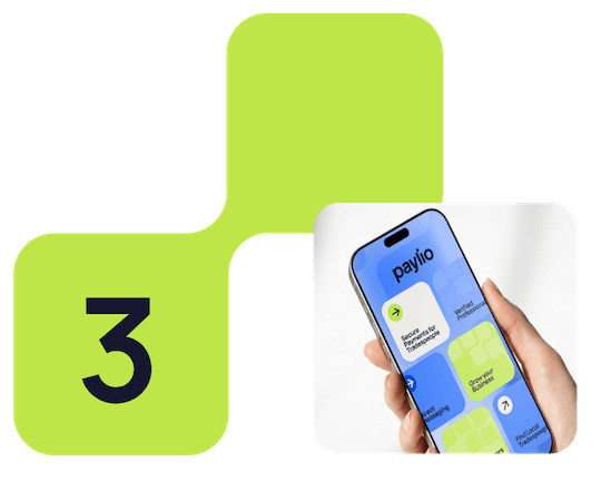Smartphone displaying the Paylio app, held by a person's hand, with a green number 3 graphic beside it. Step 3 - agree on terms.