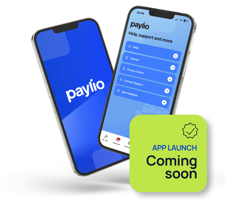 Two smartphones displaying the Paylio app, with the app's main screen showing help, support, and tutorial options. A green sign indicates the app launch is coming soon. Secure payment app.