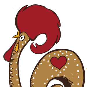 A cartoon rooster with a red comb and wattle and a cookie with a red heart on top.