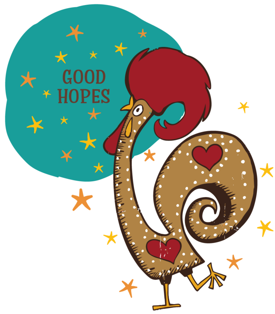 A cartoon-style rooster with red comb and wattles, and a beige body with white hearts. The rooster has a large, curved tail decorated with white dots. In the background, there is a blue speech bubble with yellow stars and the words "GOOD HOPES" written inside.