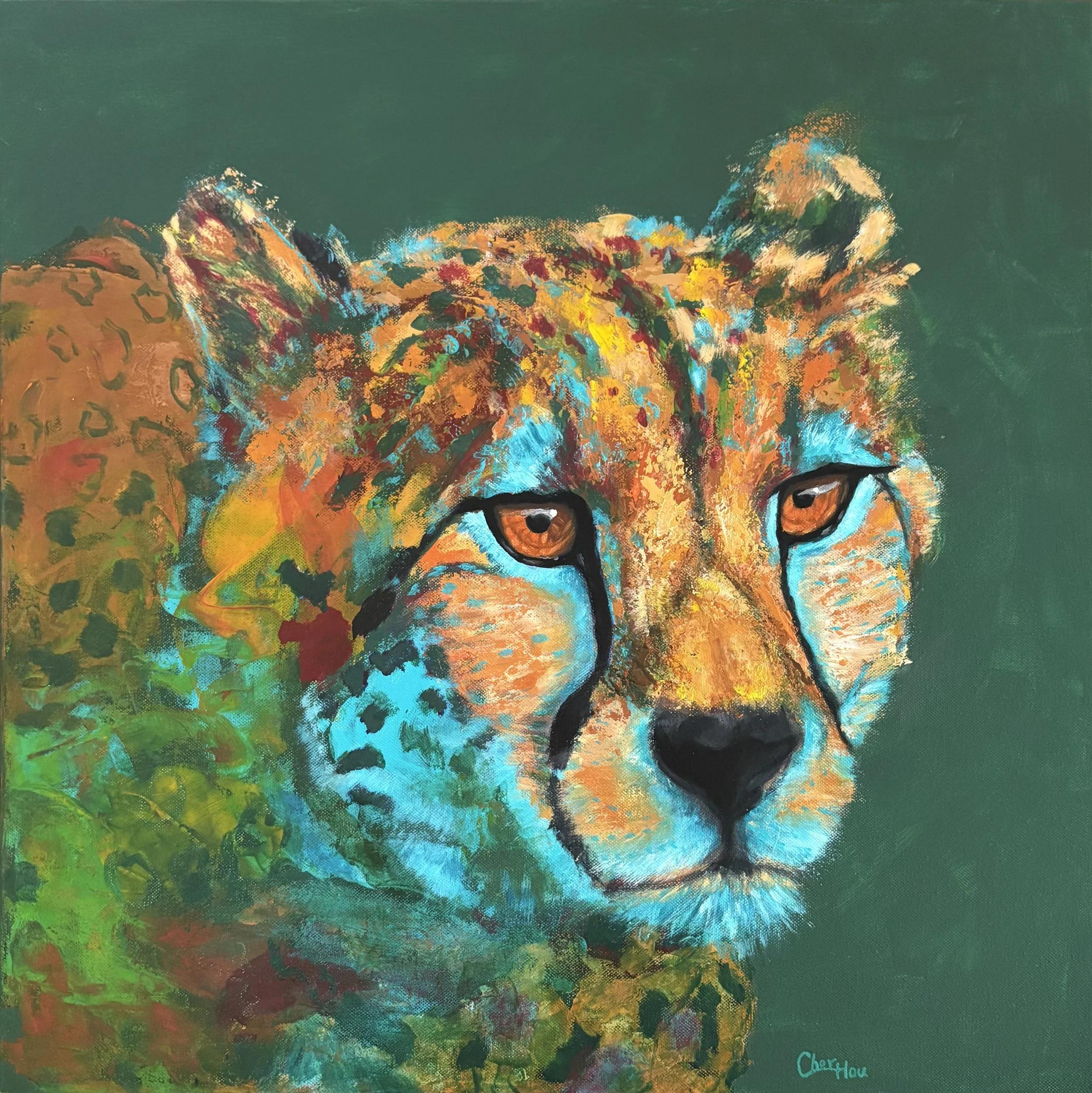 Abstract acrylic painting of a cheetah with piercing orange eyes against a vibrant green, blue, yellow and orange background.