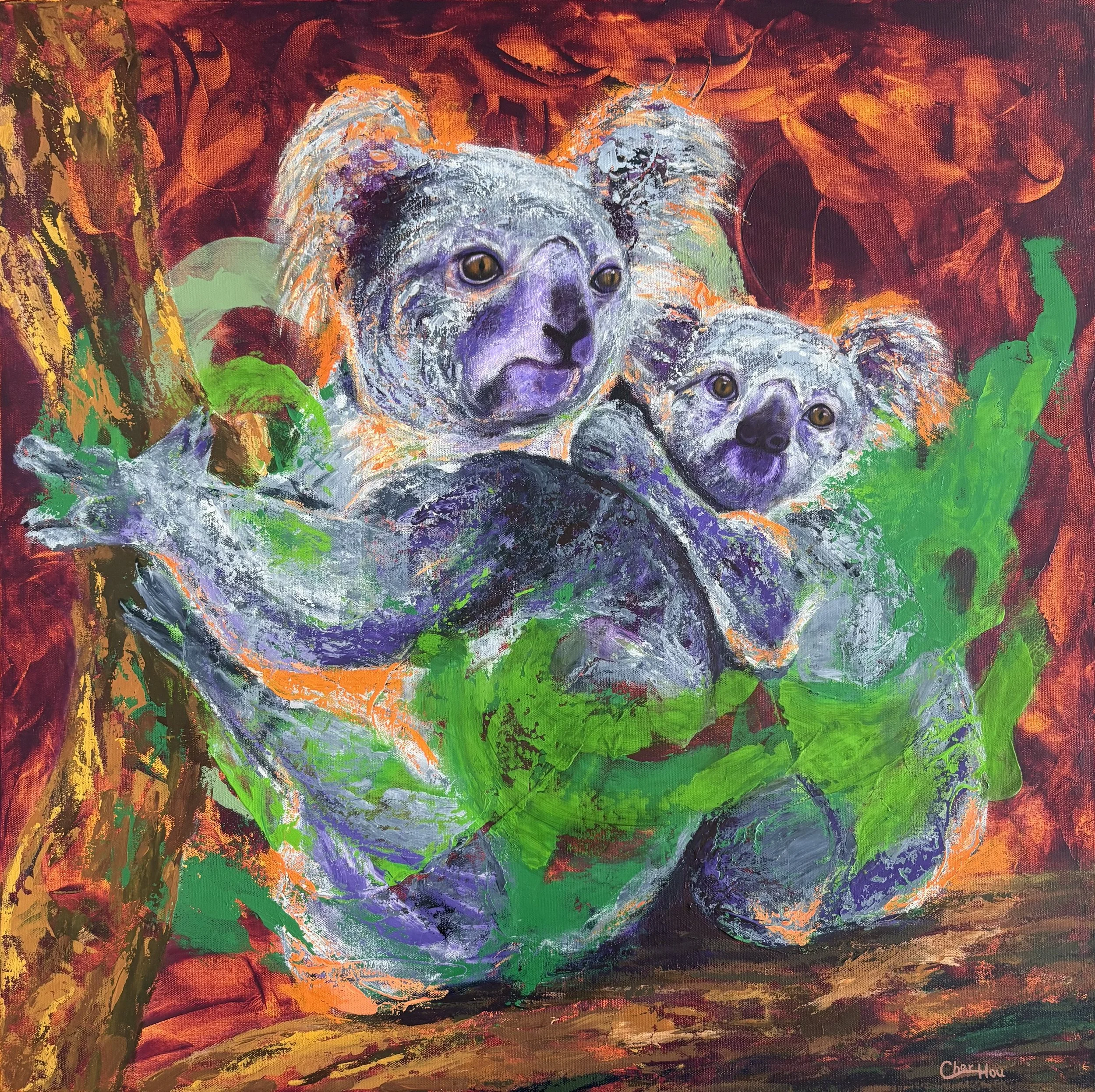 Abstract painting of two koalas embracing against a colourful natural background.