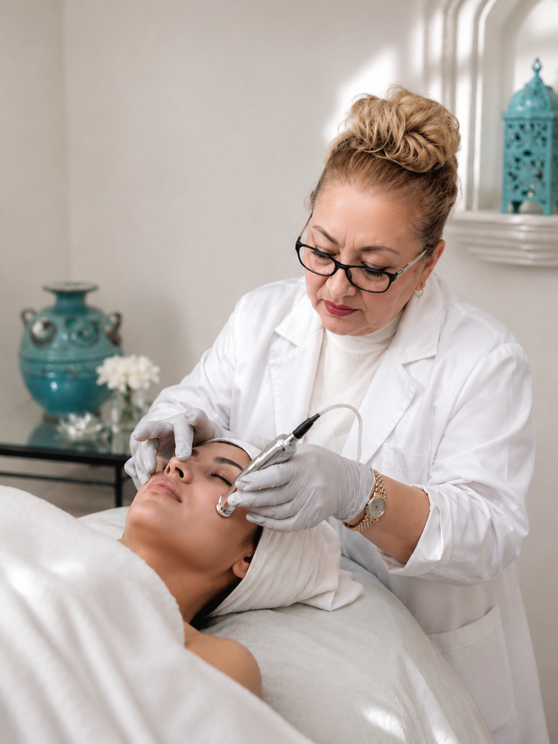 Client receiving a custom European facial treatment from Katayoun, founder of Eden Day Spa in San Anselmo, CA.