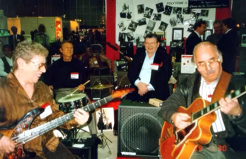 Winter NAMM I
Left to right - Carol, Frank Devito, Tommy Gumina, and Ron Anthony.
Photo  by Candy Waldman