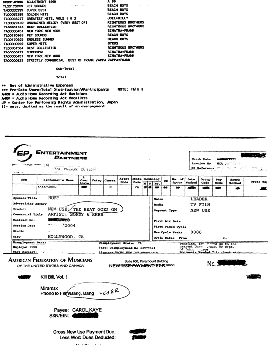 "The Beat Goes On" (Sonny & Cher) and
"Bang Bang" (Cher) re-use check stubs