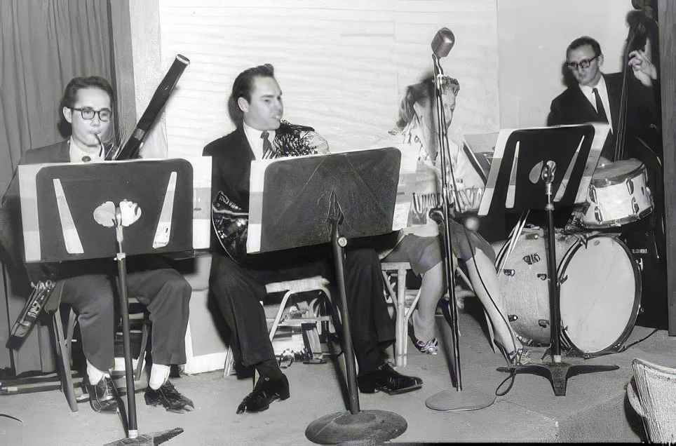 Jazz French Horn Combo, 1958
Gabe Baltazar, Dwight Carver, Carol, Buddy Clarke, 1958.