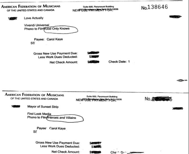 "God Only Knows" and "Heroes and Villains"
(Beach Boys) re-use check stubs