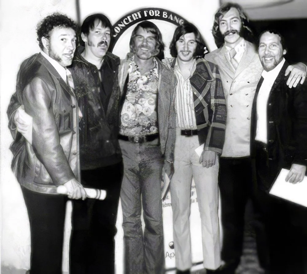 The Hollywood Horns at the
Concert for the People of Bangladesh, 1971
Left to right - Lew McCreary, Allen Beutler, Ollie Mitchell, Chuck Findley, Jim Horn, and Jackie Kelso.