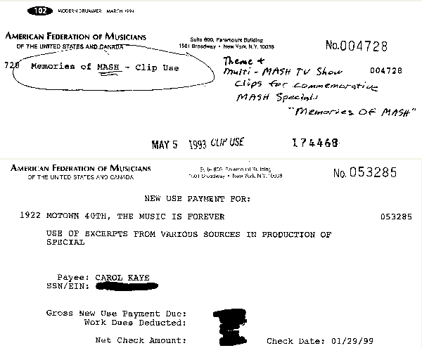 "M*A*S*H" and Motown re-use check stubs