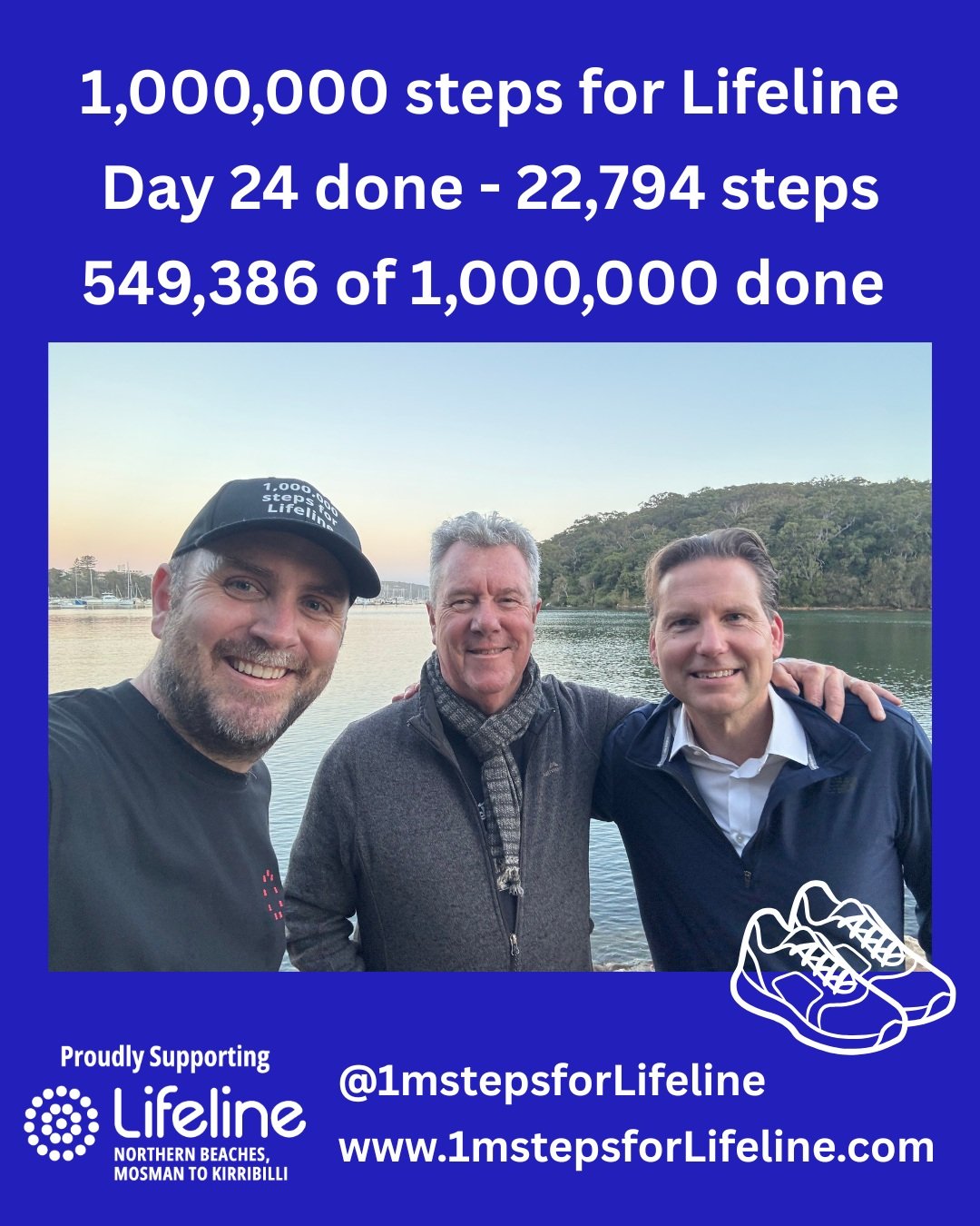 Wonderful to share a brief walk this evening with two fellow @lifelinenb Board Members in @brucevial and Christopher Bennier and capture some steps on the way to #1mstepsforLifeline. @ajc_inst @lifelineaustralia #mentalhealthawareness #lifeline