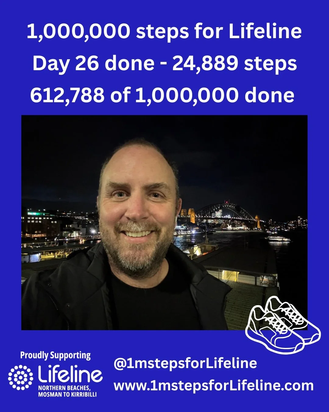 Day 26 done, including an evening 10km across the beautiful Sydney Harbour. Less that 400,000 steps to go to #1mstepsforLifeline. On to Day 27! 

I&rsquo;d love your support > https://fundraise.lifelinenb.org.au/fundraisers/1mstepsforlifeline

@li