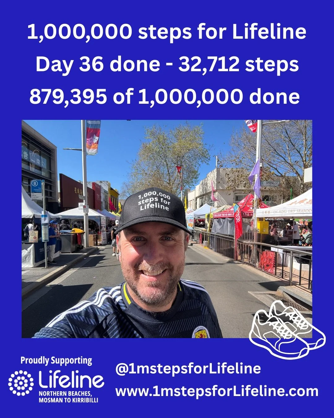 A hot day out there on the way to #1mstepsforLifeline. Tomorrow, I will be less than 100,000 steps from my target and dont my feet / legs / hips / shoulders know it! All worth it for #lifeline. We still have all donations gift matched so there hasnt 