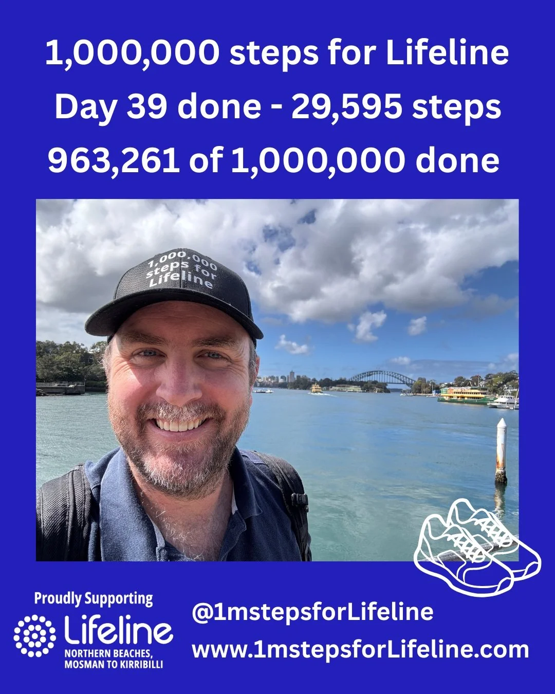 Today, I spent time walking in the CBD, in Balmain, Lane Cove and Crows Nest. I am walking a bit slower now, as the damage from 39 days of half marathons is catching up. I do feel grateful to live in this beautiful city. 

Tomorrow will be my final ~