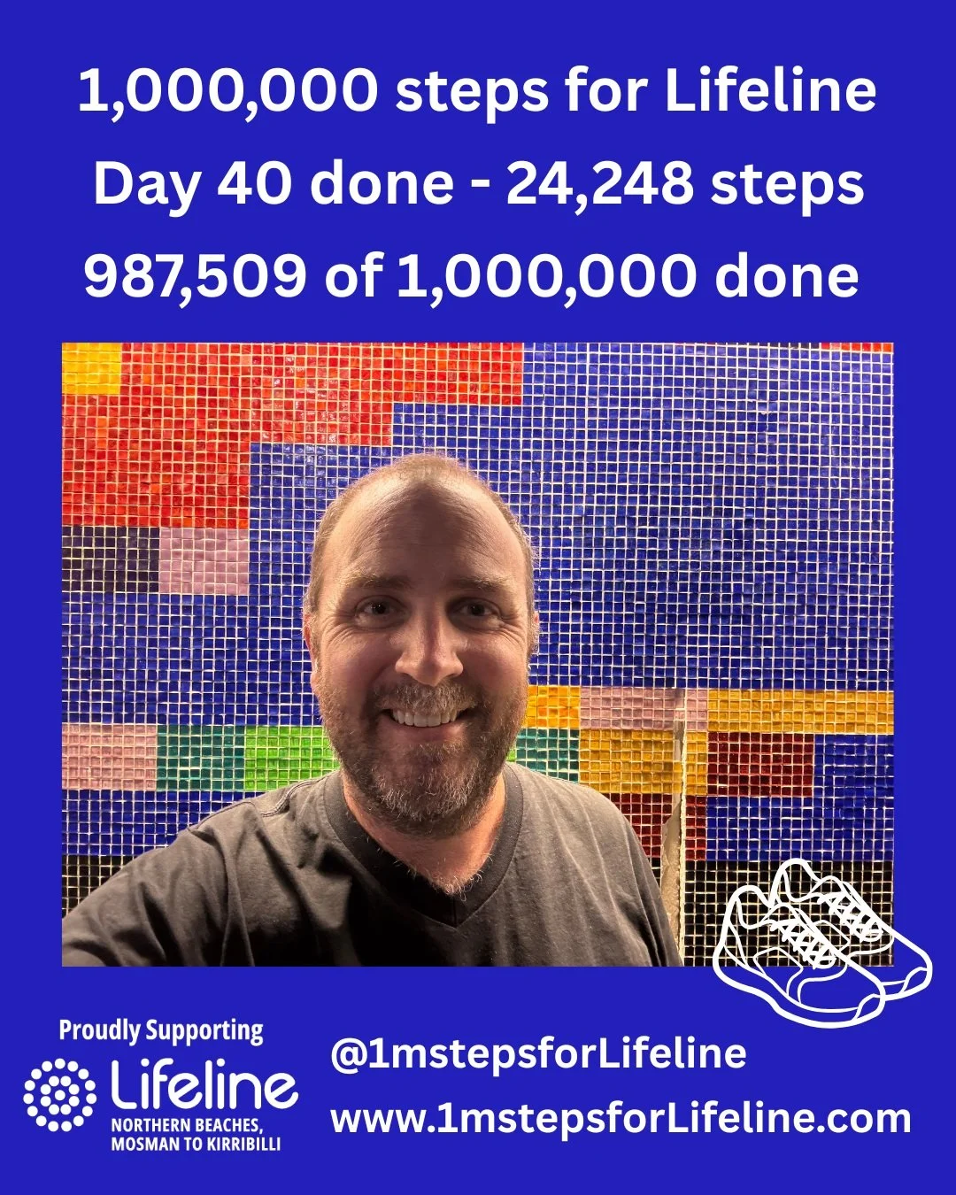40 days down, 1 to go. 

Tomorrow, at the Out of the Shadows walk in Manly, I'll complete the final of my #1mstepsforLifeline. 

All donations help #lifeline to answer the call > https://fundraise.lifelinenb.org.au/fundraisers/1mstepsforlifeline 
