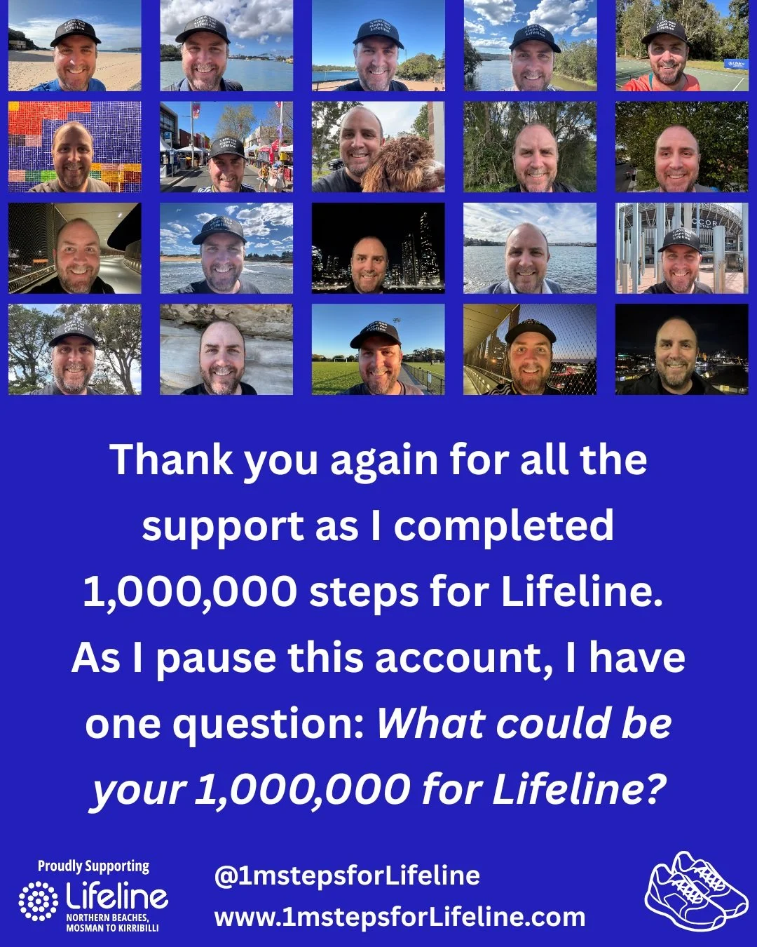 Thank you again for all of the support along the way to 1,000,000 steps for #lifeline. As I pause this account (for now 😊), I have one question: What could be your 1,000,000 for Lifeline? @lifelinenb @lifelineaustralia @ajc_inst
