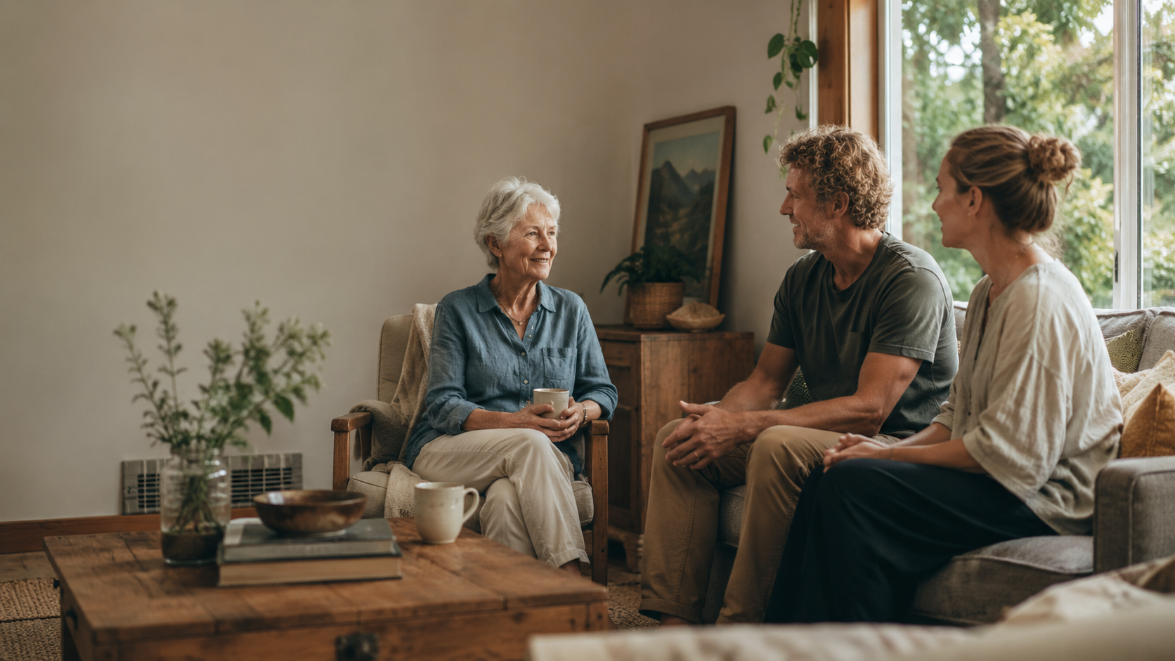 An older woman talking with family and a volunteer in her living room.