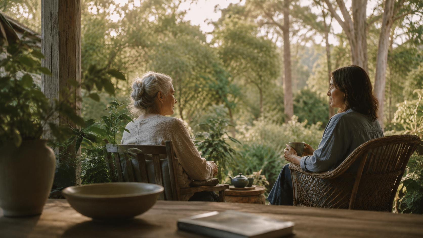 An Amitayus volunteer sharing a quiet conversation with an older woman on a veranda.