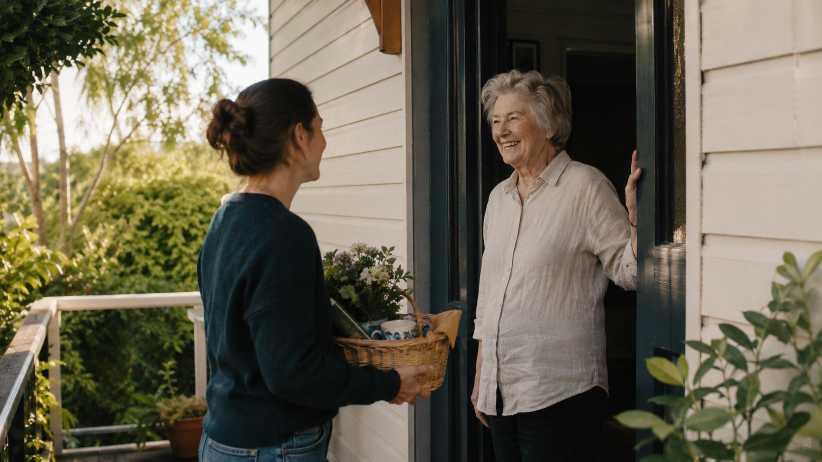 An Amitayus volunteer arriving at an older woman’s home with flowers.