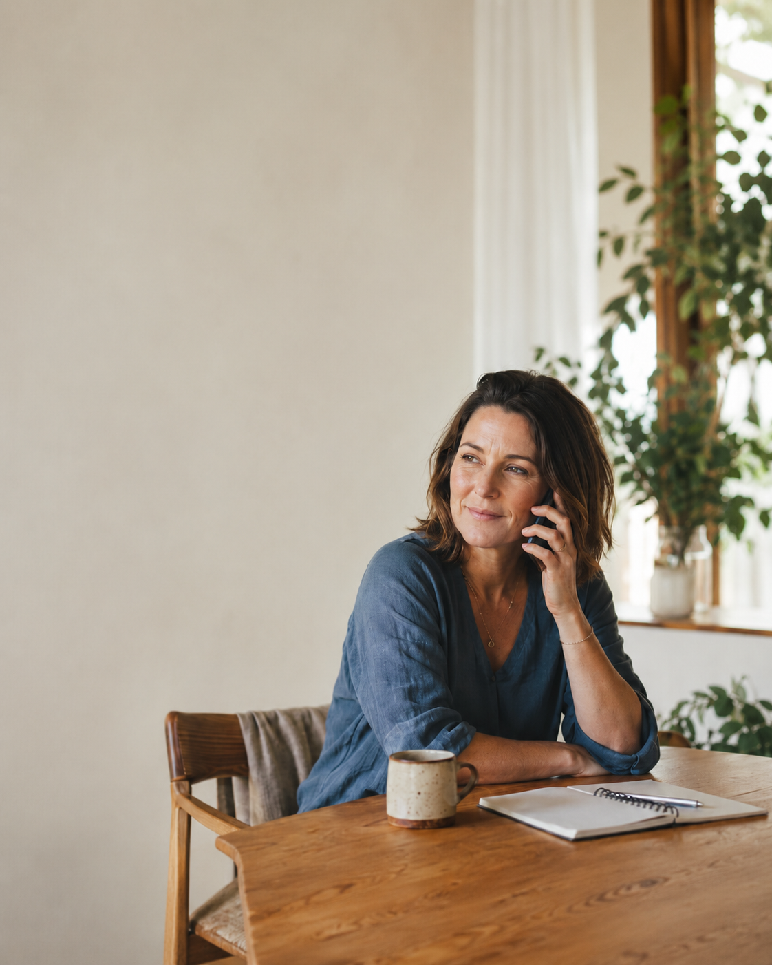 A woman speaking with someone by phone from her home.