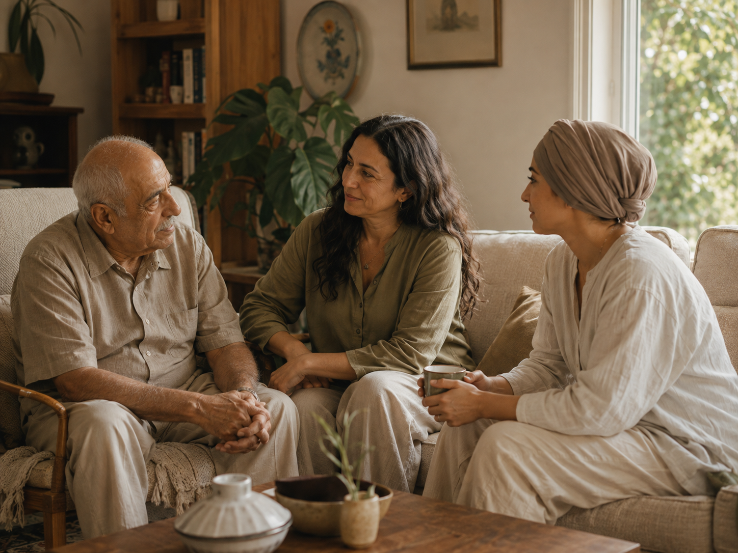 An older man sitting at home with his daughter and an Amitayus volunteer during a calm, supportive conversation.