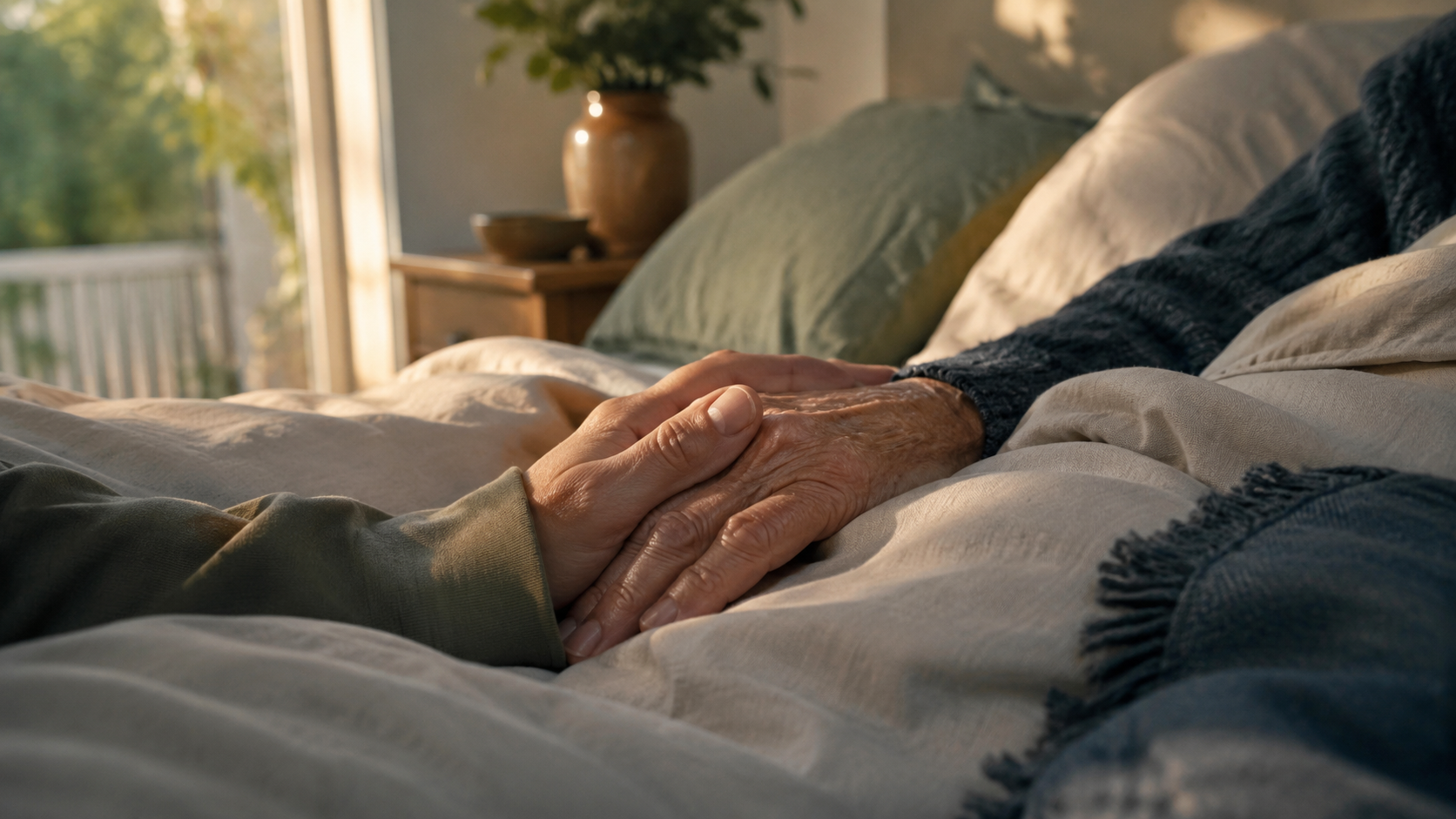 A person gently holding an older adult’s hand beside a bed.