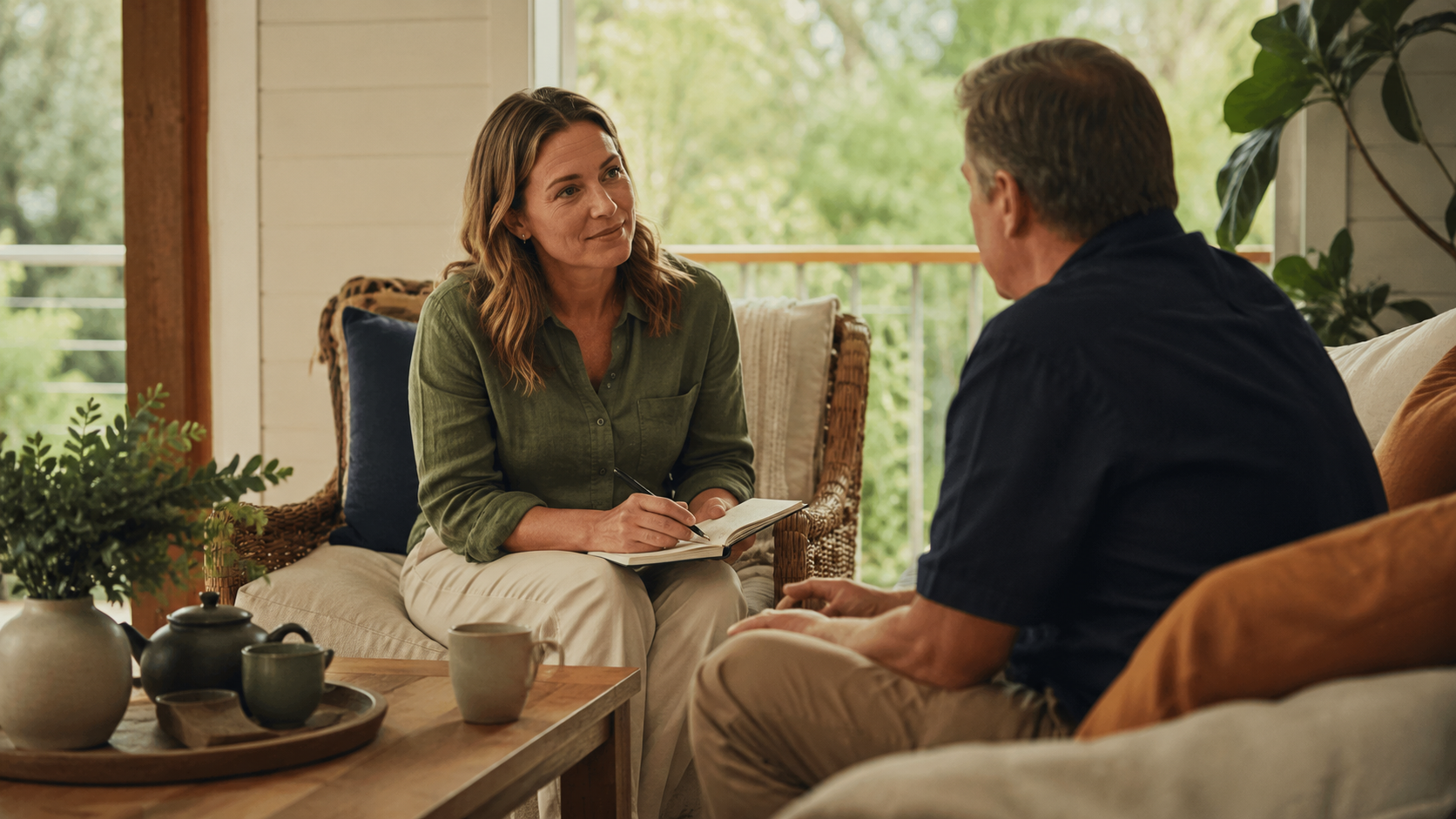 A woman listening and taking notes while speaking with a man at home.