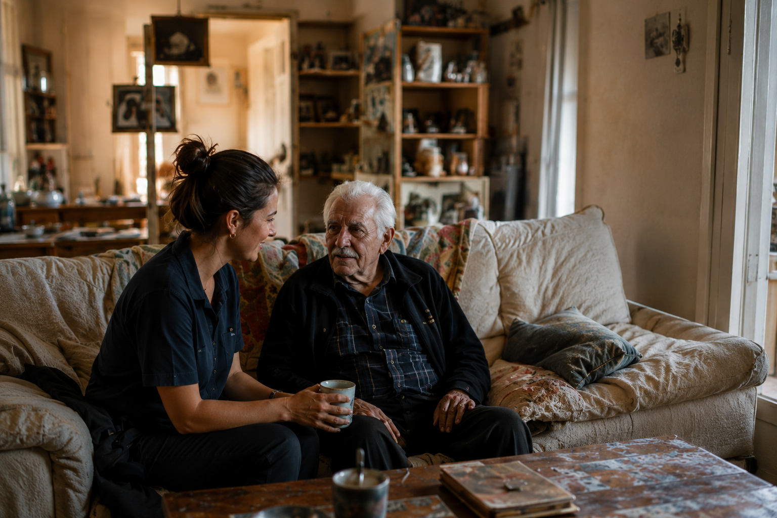volunteer sharing a quiet conversation with an older man in his living room at home.