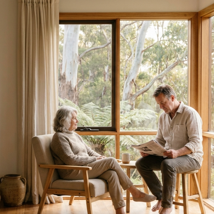 An older woman sharing quiet company with a volunteer at home.