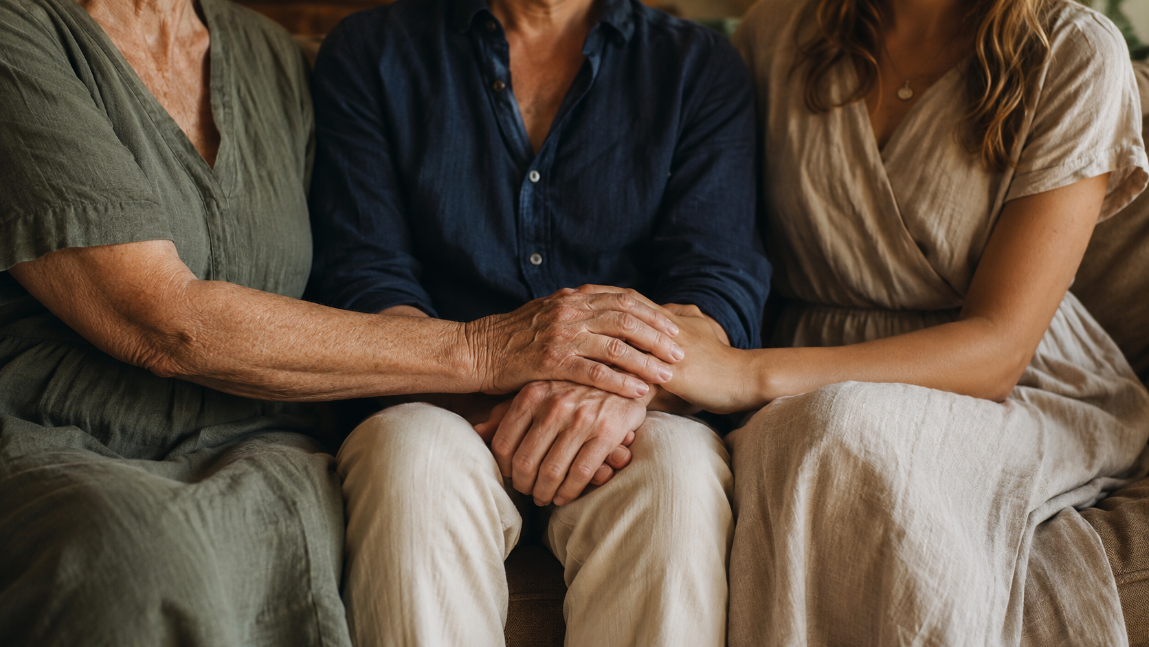 Three people holding hands together in a gesture of care and support.