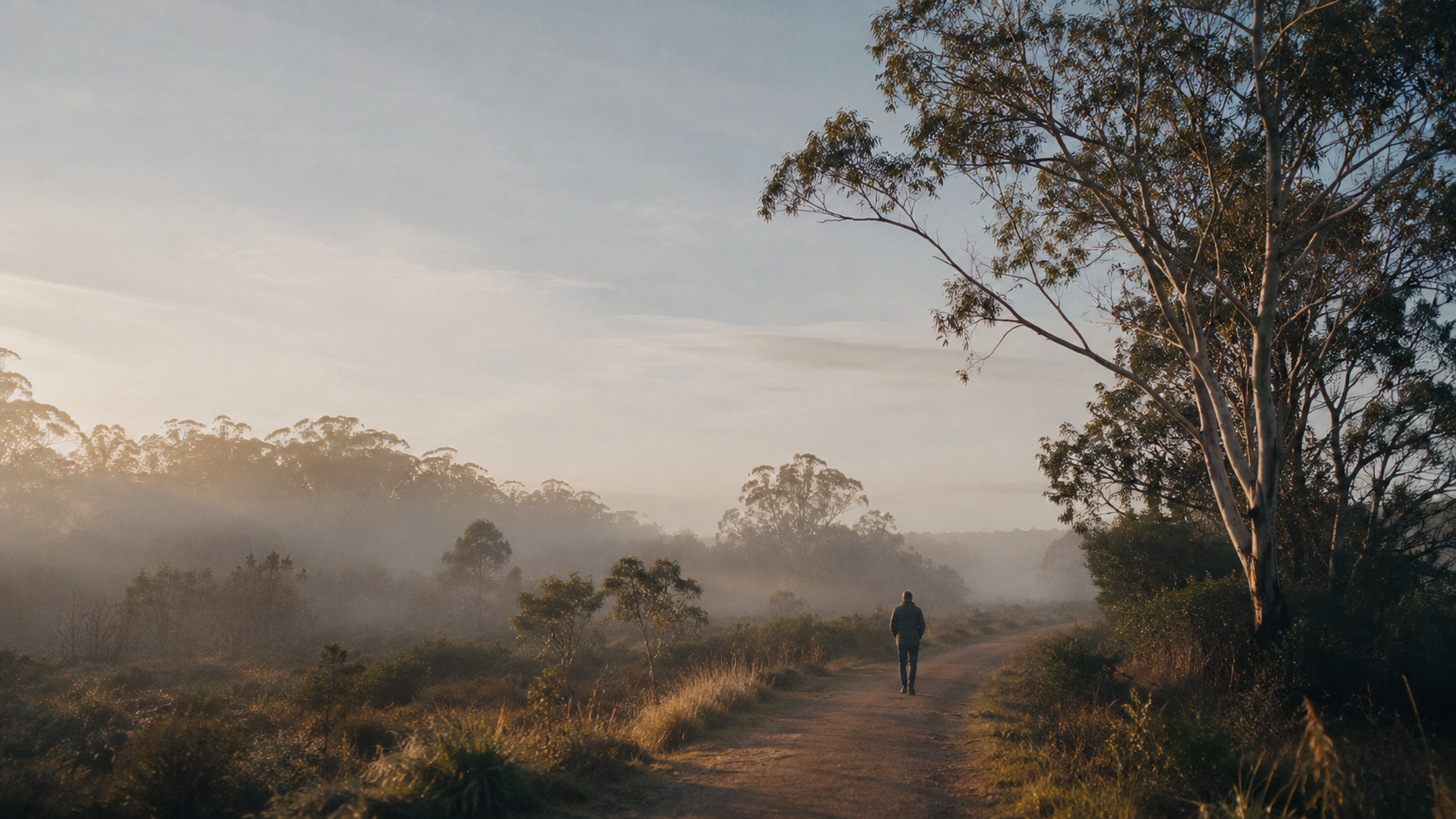 A person walking quietly through a misty landscape during grief and reflection.