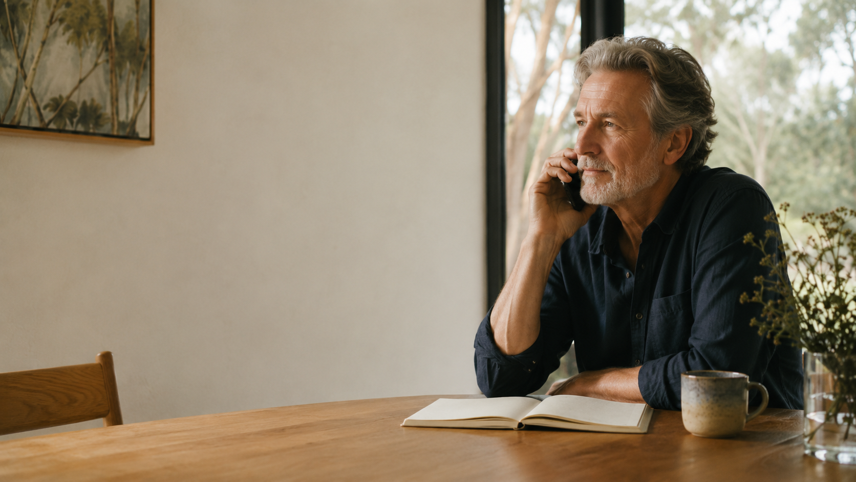 An older man speaking on the phone from his home.