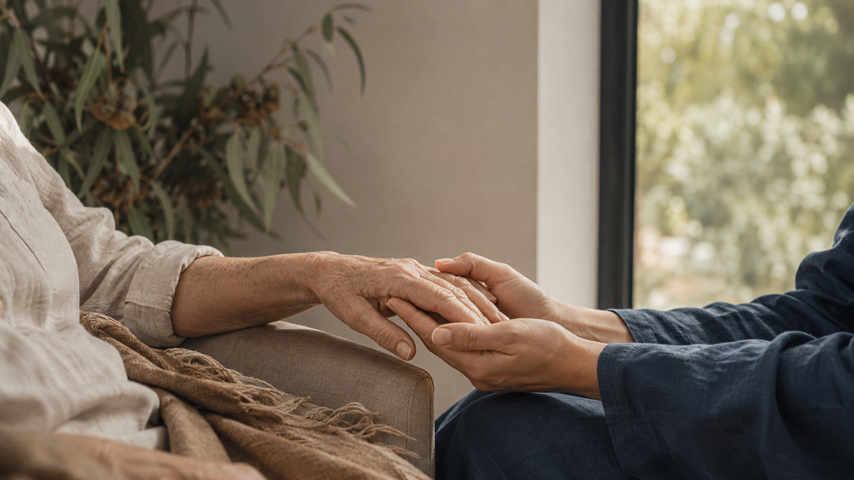 A volunteer gently holding an older person’s hand in comfort.