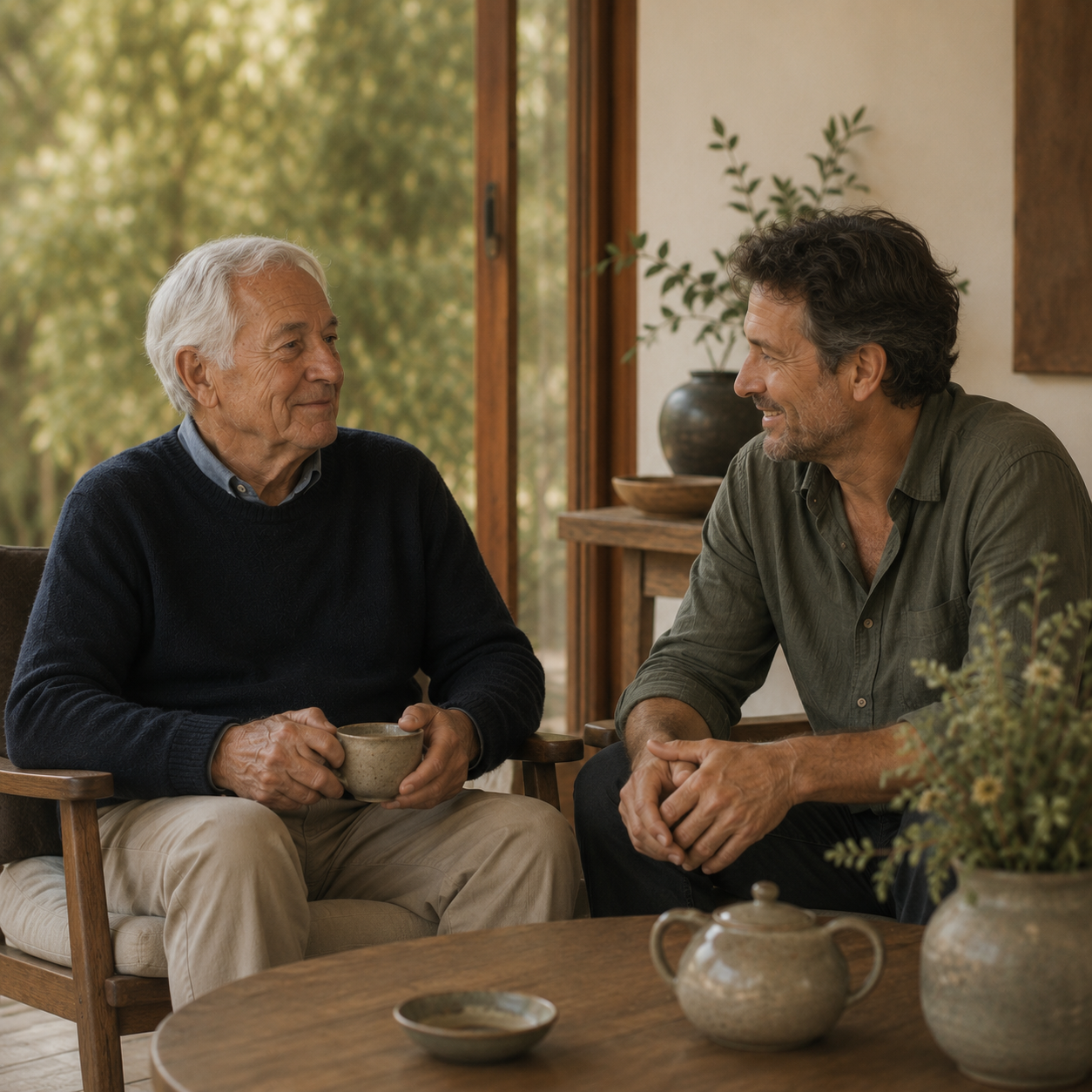 A volunteer sharing conversation and companionship with an older man at home.