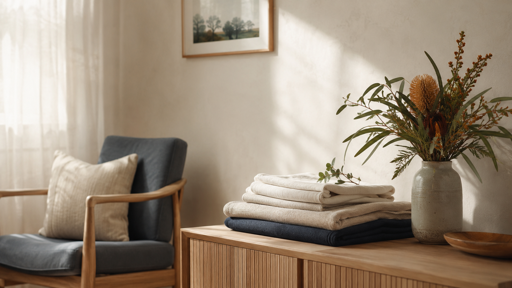 A calm home setting prepared with folded linen and flowers.