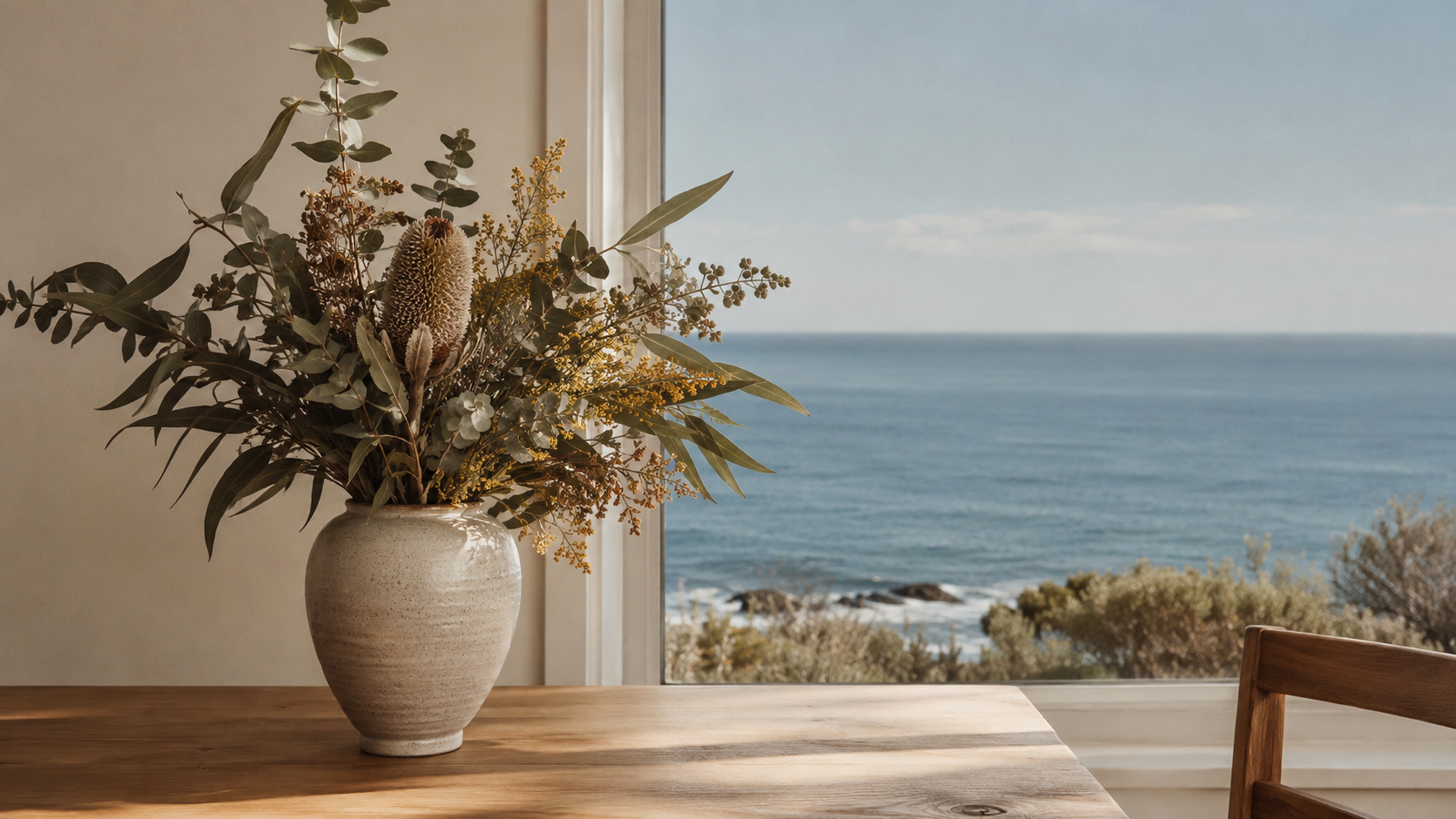 Native flowers beside a window overlooking the ocean.
