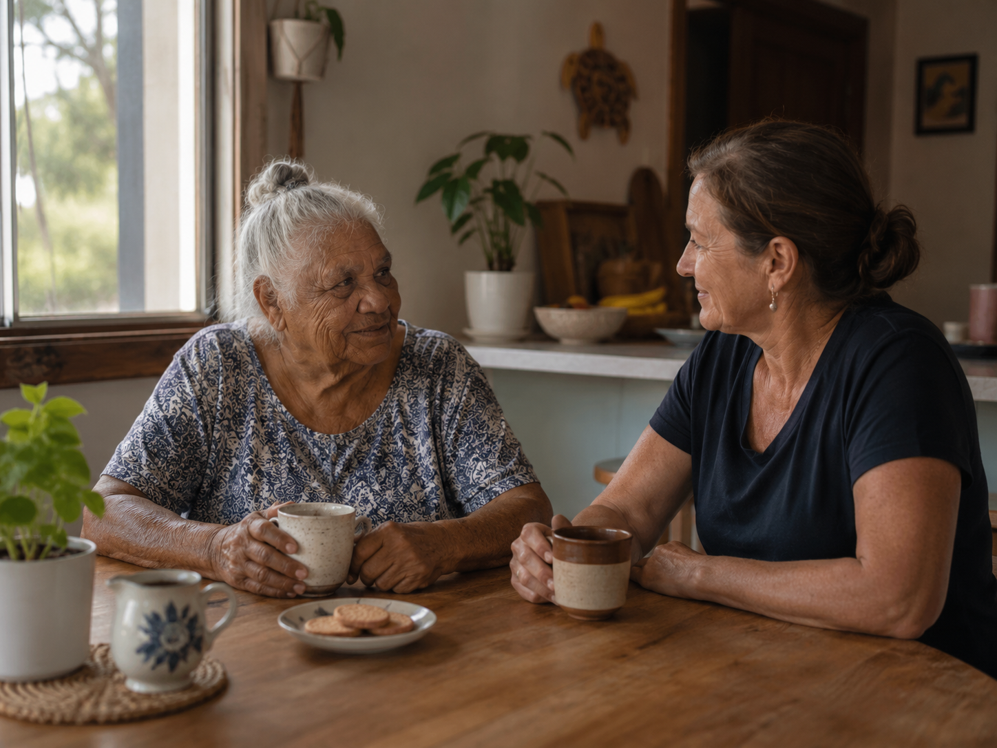 volunteer sharing a cup of tea and quiet conversation with an older woman at home.