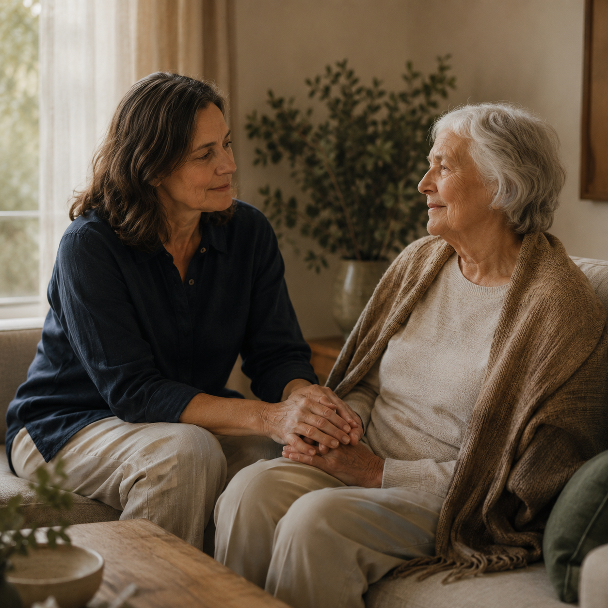 An Amitayus volunteer offering quiet reassurance to an older woman at home.