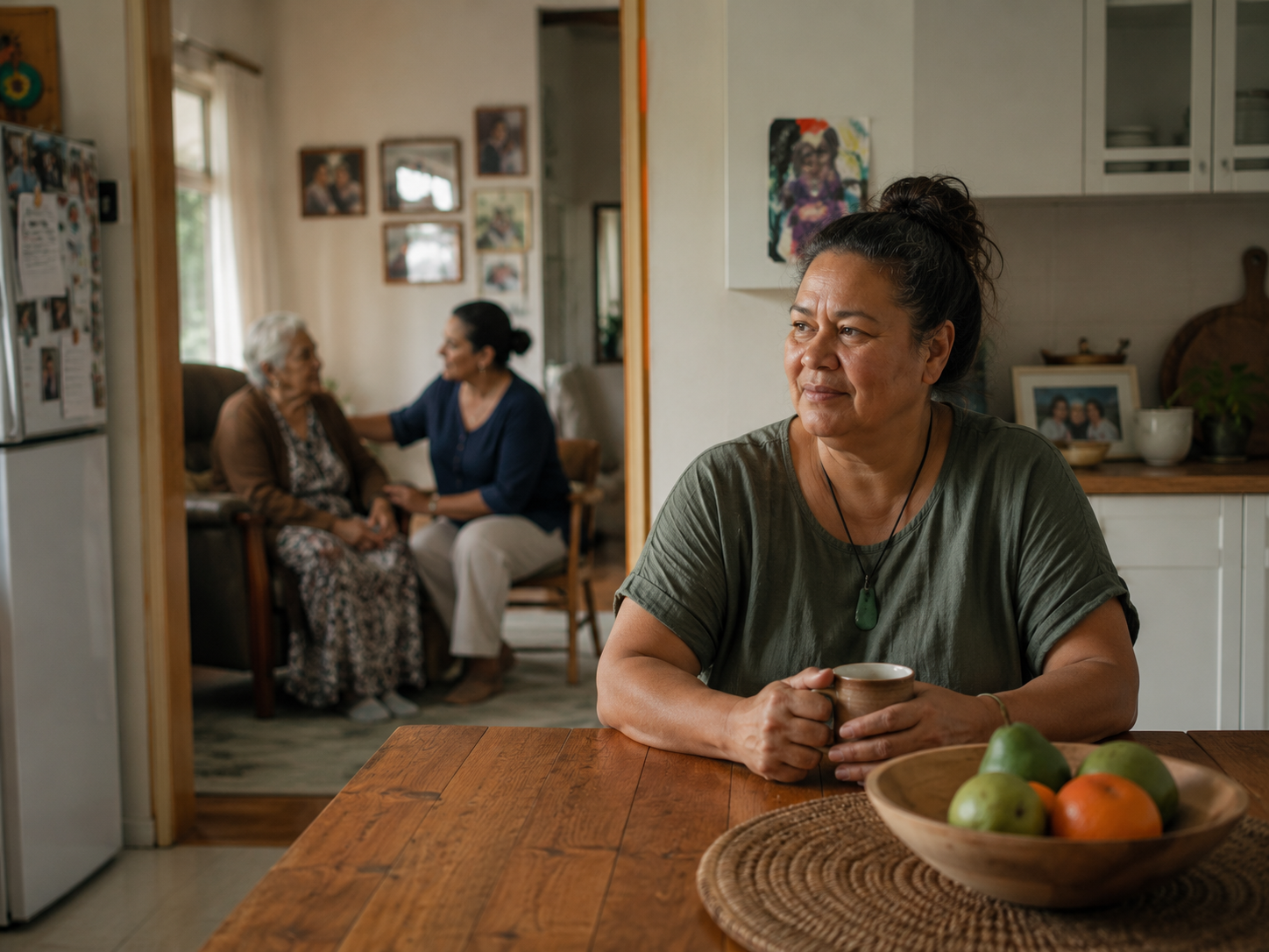 A family carer taking a quiet moment at the kitchen table while an Amitayus volunteer sits with an older woman in the background.