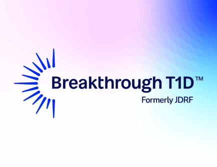 Logo with text 'Breakthrough T1D Formerly JDRF' and a blue sunburst graphic on a gradient background.