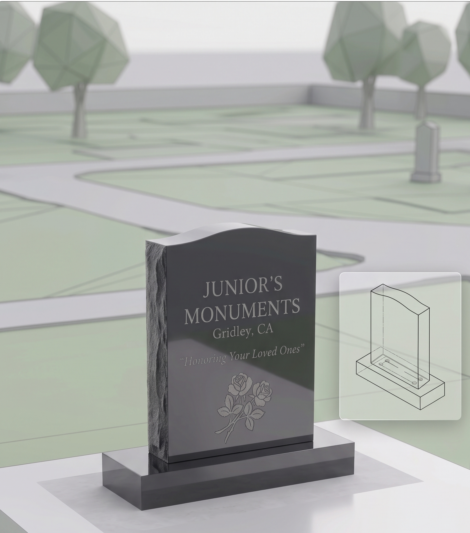 A gravestone with the inscription "Junior's Monuments" from Gridley, California, with a decorative flower design at the bottom. The background features a model landscape of trees and pathways.