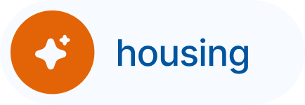 Housing logo with an orange circle, white starburst icon, and blue text