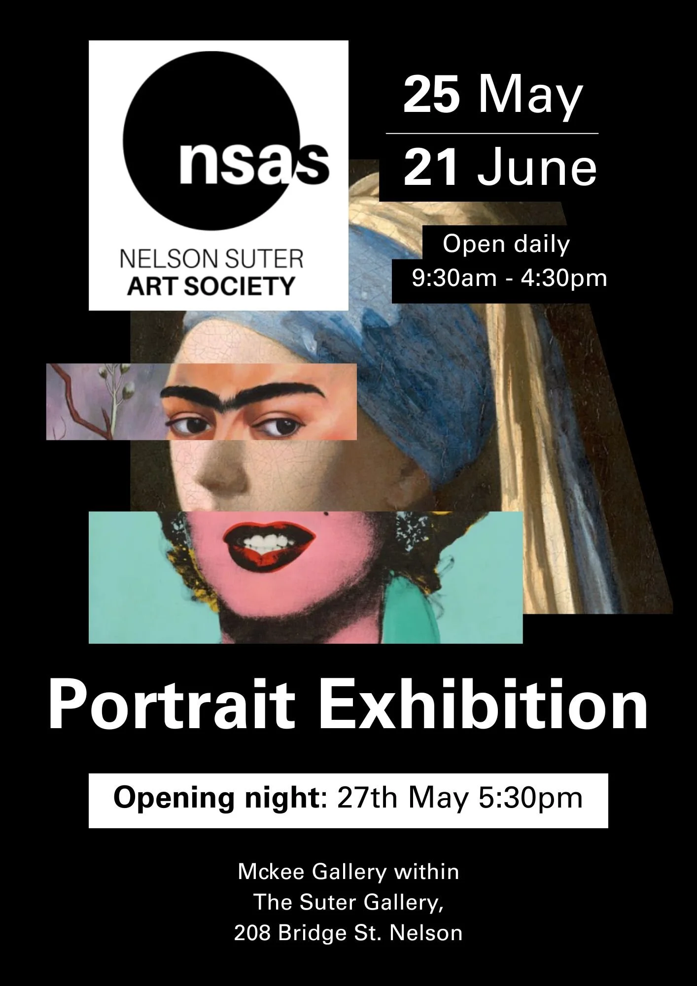 Poster for portrait art exhibition at the Nelson Suter Art Society, held at McKee Gallery, 208 Bridge St., Nelson. Exhibition runs from May 25 to June 21, open daily from 9:30 am to 4:30 pm, with opening night on May 27 at 5:30 pm.