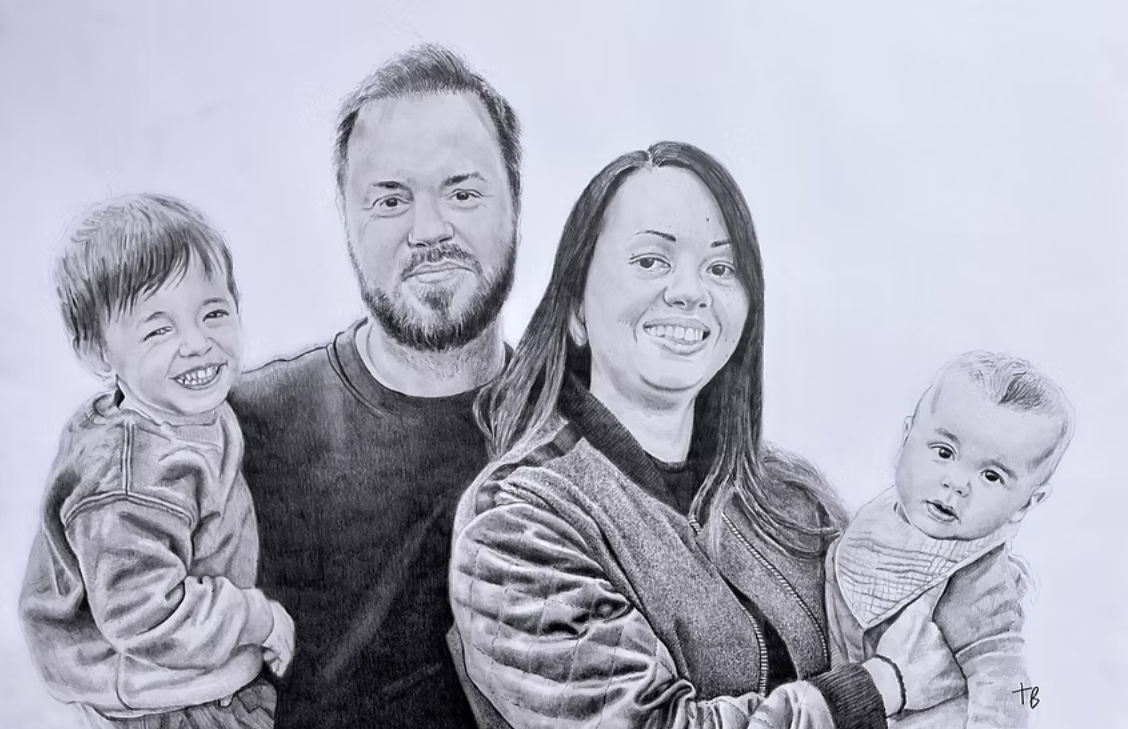 A family portrait of four members, including a man, woman, and two young children, sketched in black and white.