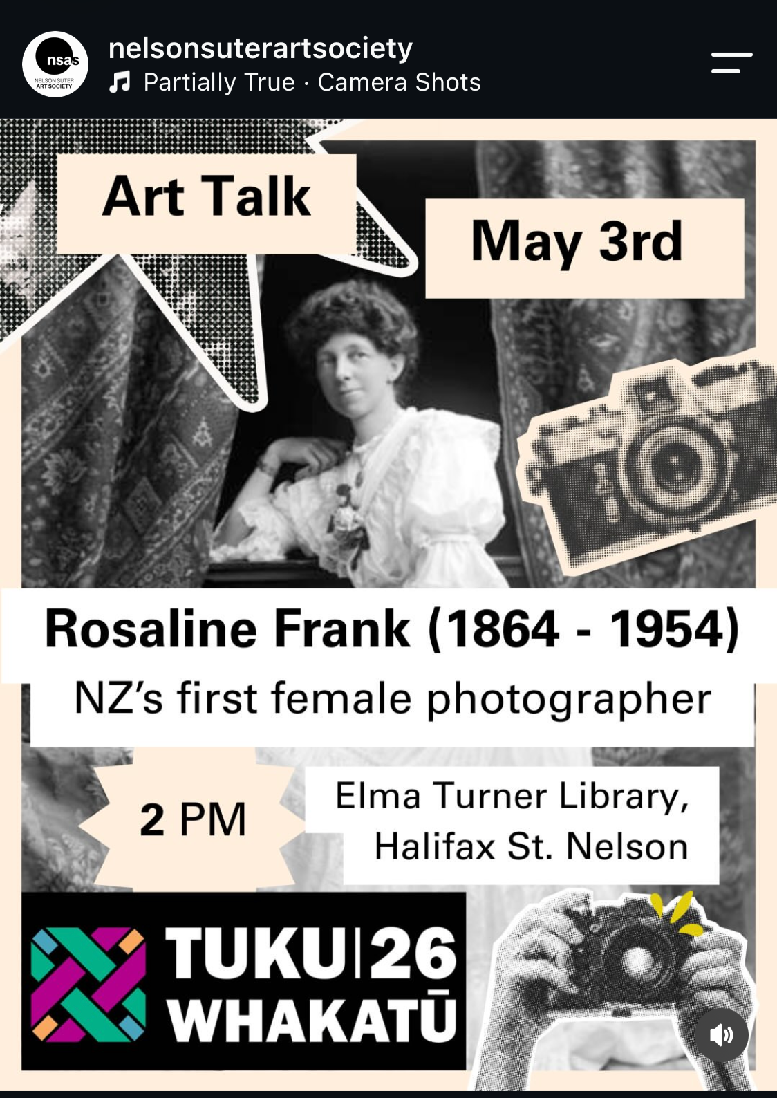 Event poster for an art talk about Rosalina Frank, New Zealand's first female photographer, scheduled for May 3rd at 2 PM at the Elma Turner Library in Nelson, featuring historical photos and modern camera graphics.