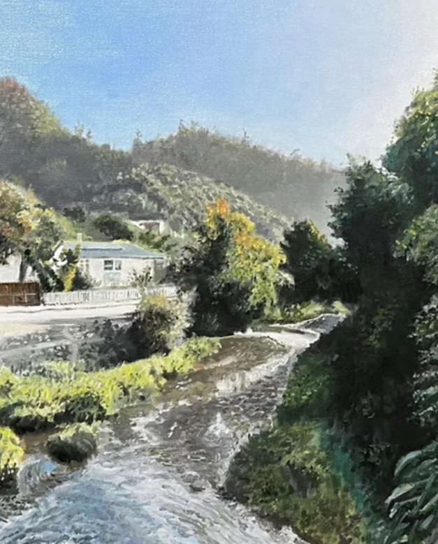 A painting of a scenic landscape with a flowing river, lush green trees, and hills in the background under a partly cloudy sky.
