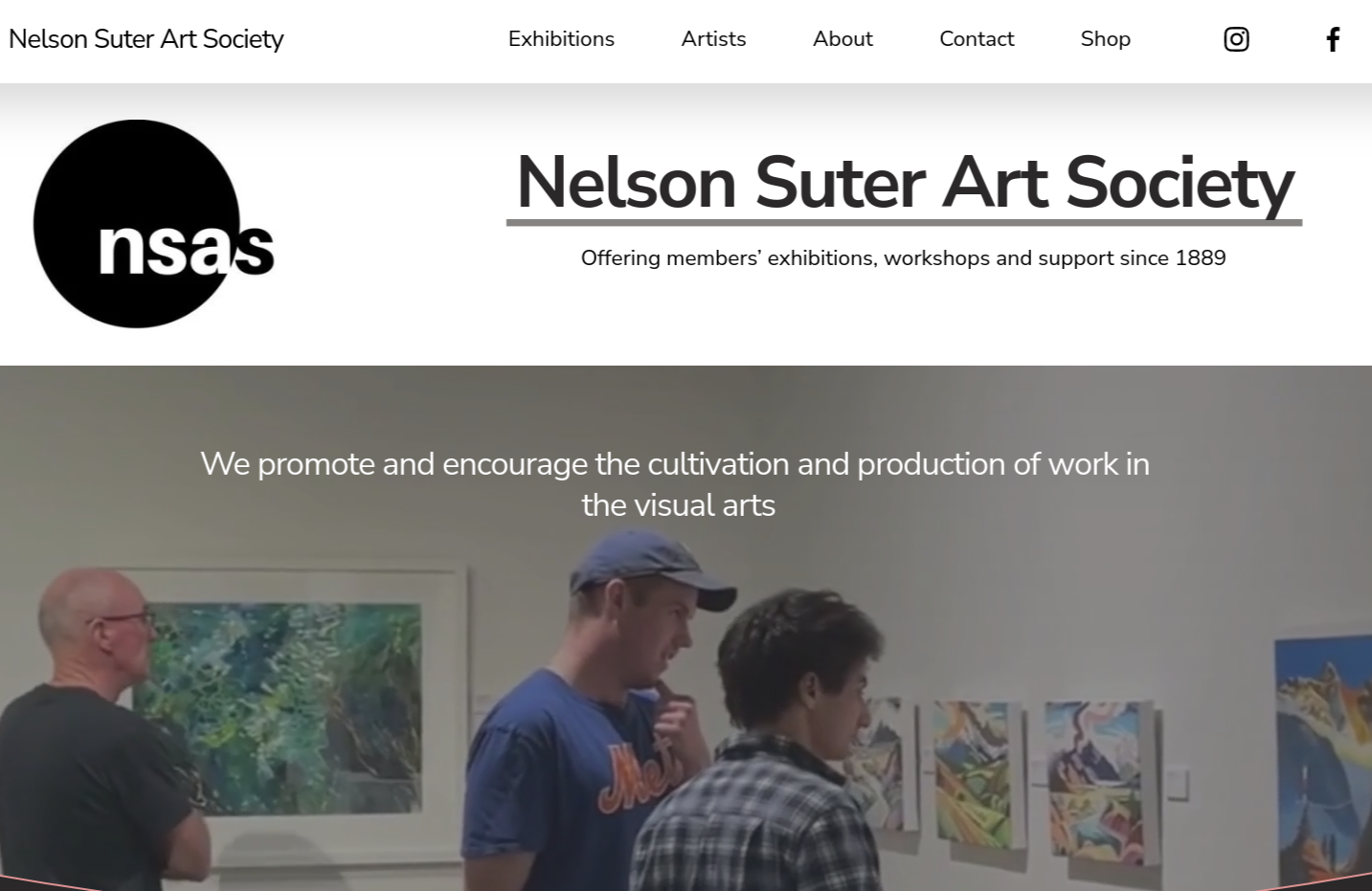 Website homepage for Nelson Suter Art Society featuring a header with logo and navigation links, and a photo of people viewing colorful artwork in an art gallery.