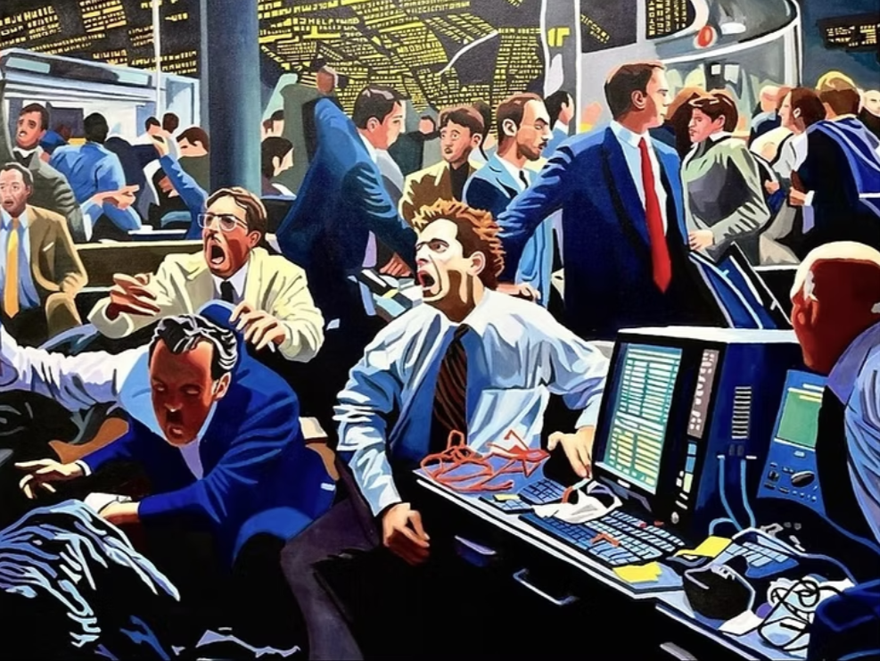 Stock market traders in chaos on a trading floor, with screens and busy activity, illustrating a market crash or upheaval.