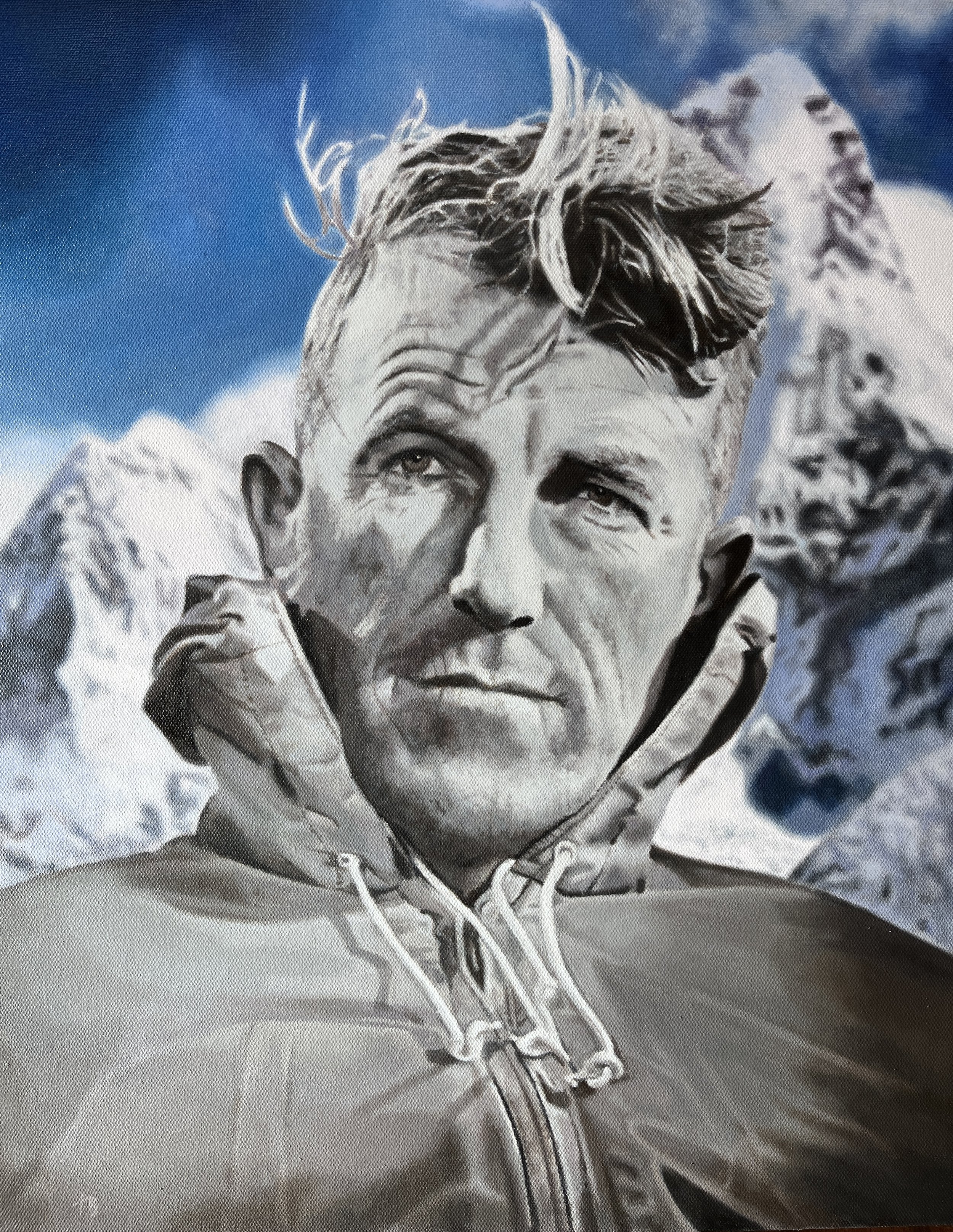 A sketched portrait of a man with a hand near his ear, wearing a hoodie, with a mountain background and a blue sky.